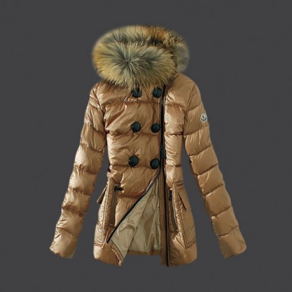 Moncler Donna lungo Giù cappotto di pelliccia collare Khaki Presa M1086